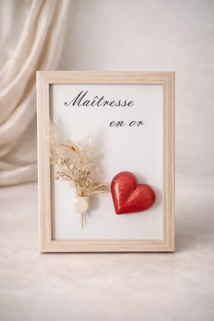 Cadre cadeau “Maîtresse en Or" - Coeur rose